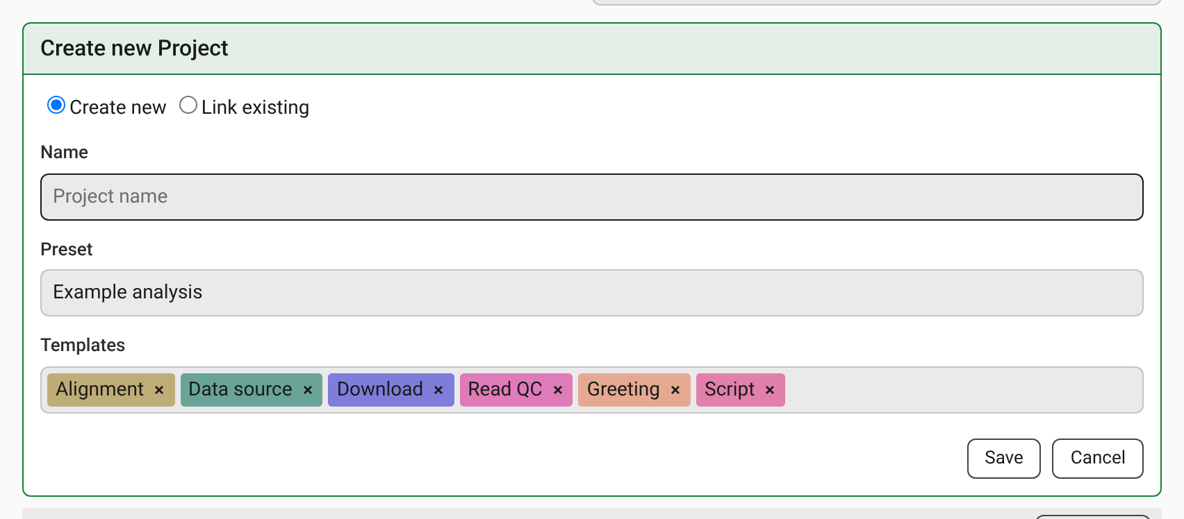 The folder form, titled Create new Project, with its Create new and Link existing modes and Name, Preset, and Templates fields.