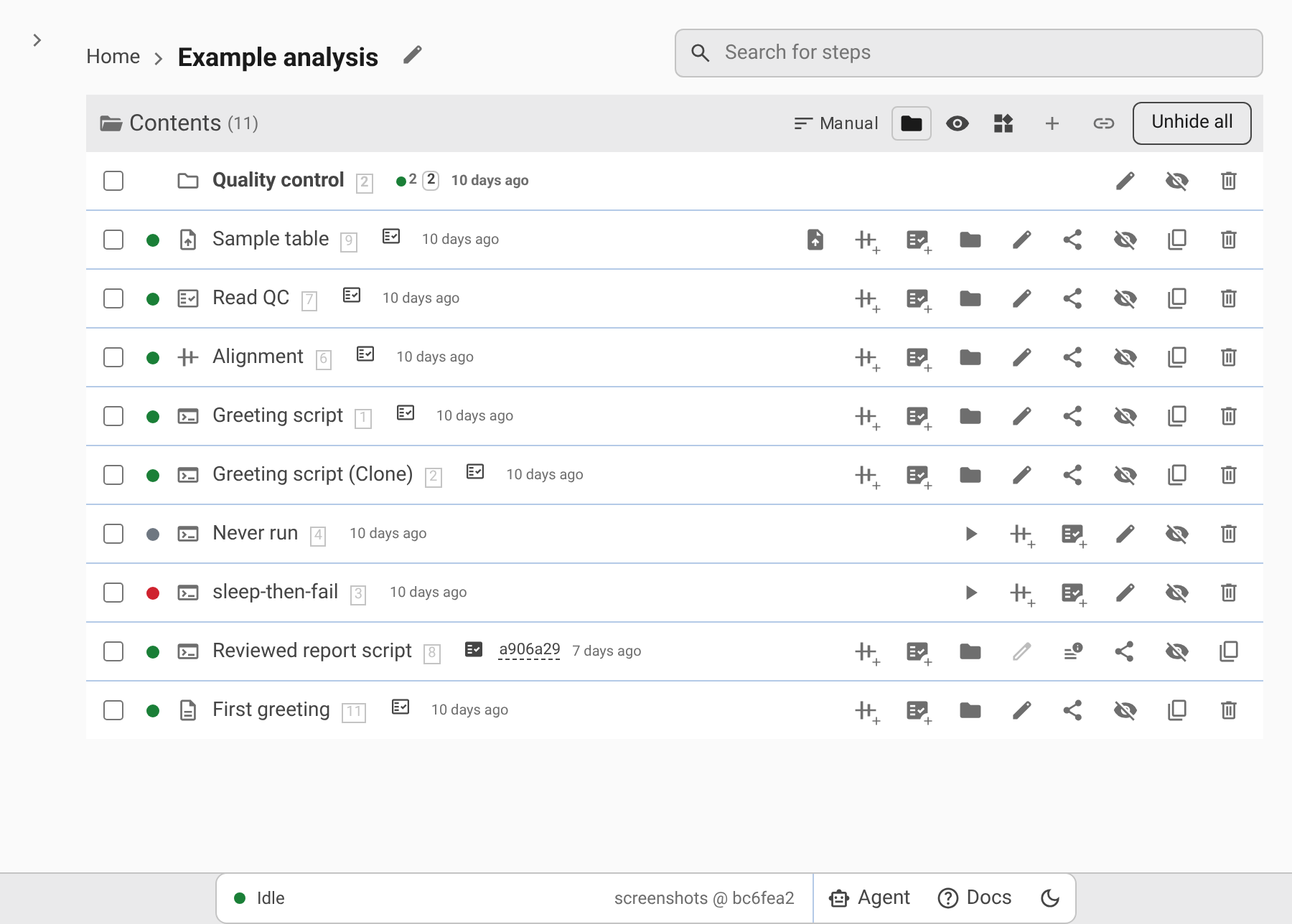The Example analysis folder: breadcrumbs, the search box, the listing header, and the folder and step rows with their statuses.