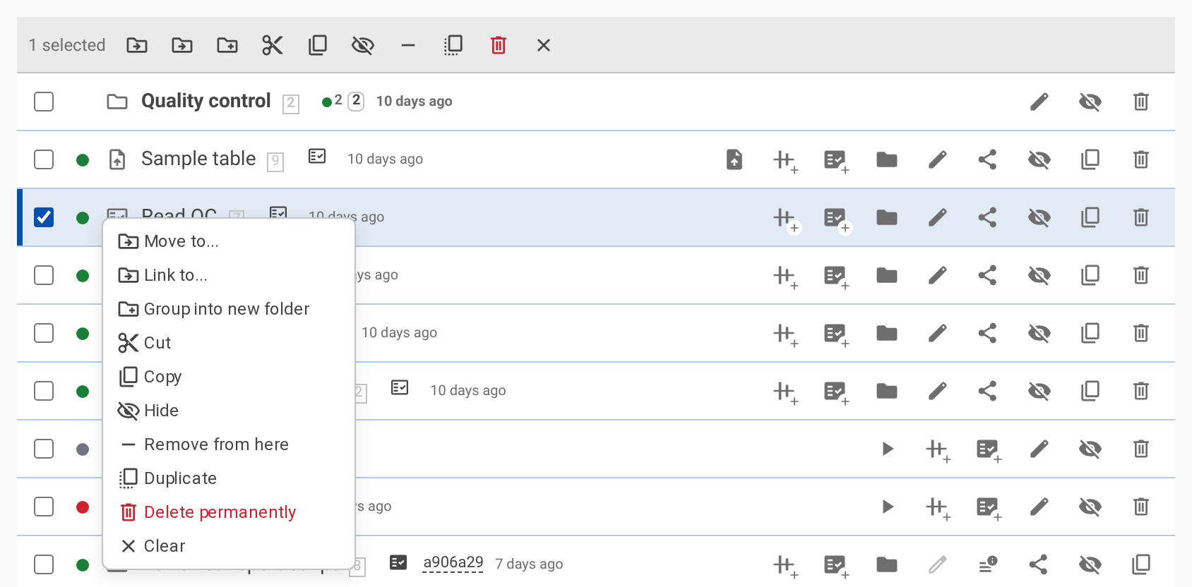 The row context menu with the same actions as the action bar.