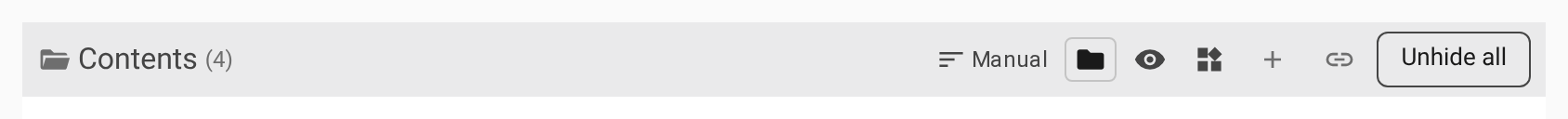 The listing header on Home: Contents with its count, the sort control, the Folders first, Show hidden, and Group by type toggles, New, Link existing, and Unhide all.