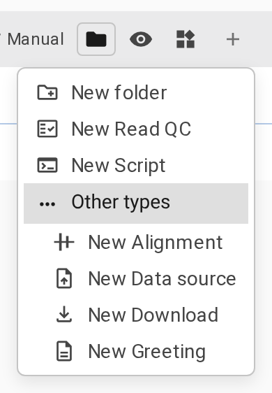 The New menu on a folder with Read QC and Script selected: New folder, a New entry per selected template, and Other types for the rest.