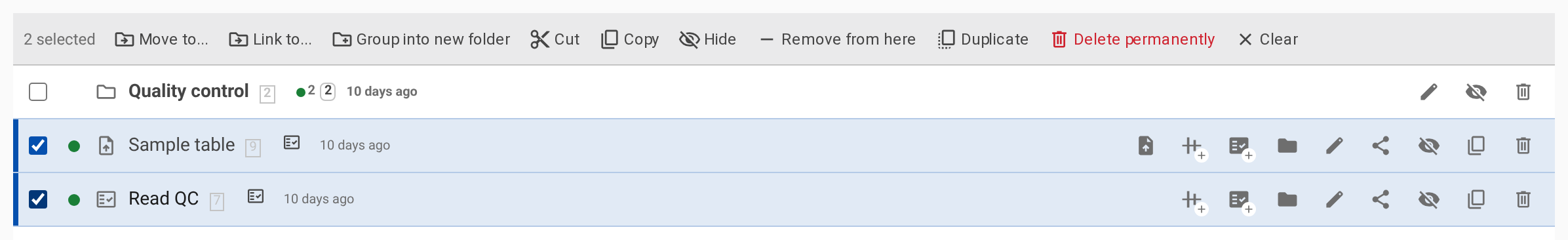 The action bar over the listing header with two rows selected, showing Move to, Link to, Group into new folder, Cut, Copy, Hide, Remove from here, Duplicate, Delete permanently, and Clear.