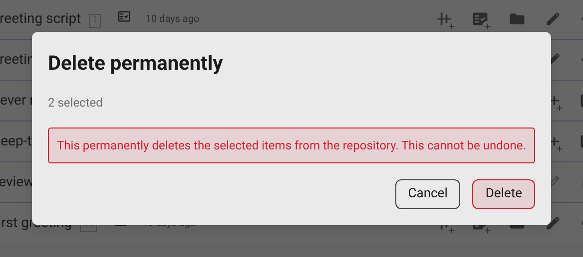 The Delete permanently dialog with the warning that this cannot be undone, and the red Delete and Cancel buttons.