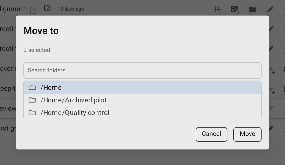 The Move to dialog with two rows selected, the Search folders field, folder paths as targets, and the Move and Cancel buttons.