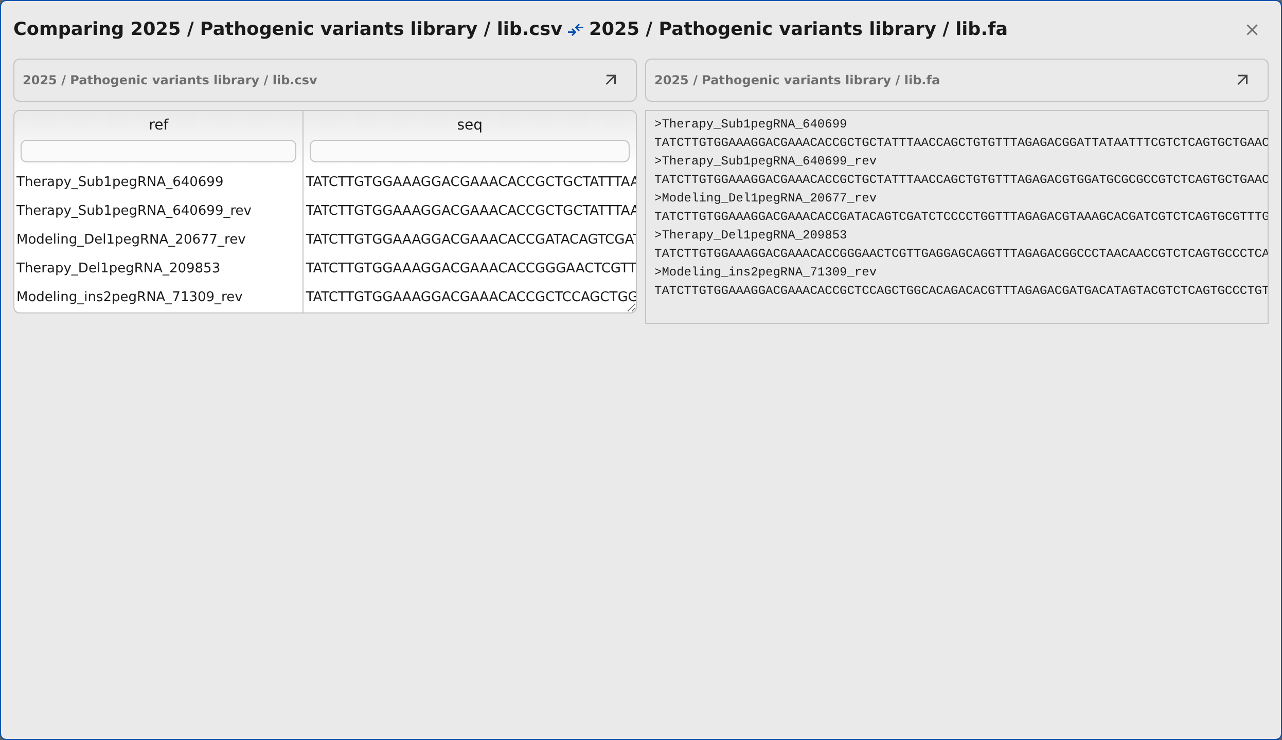 The compare dialog showing two output files side by side.