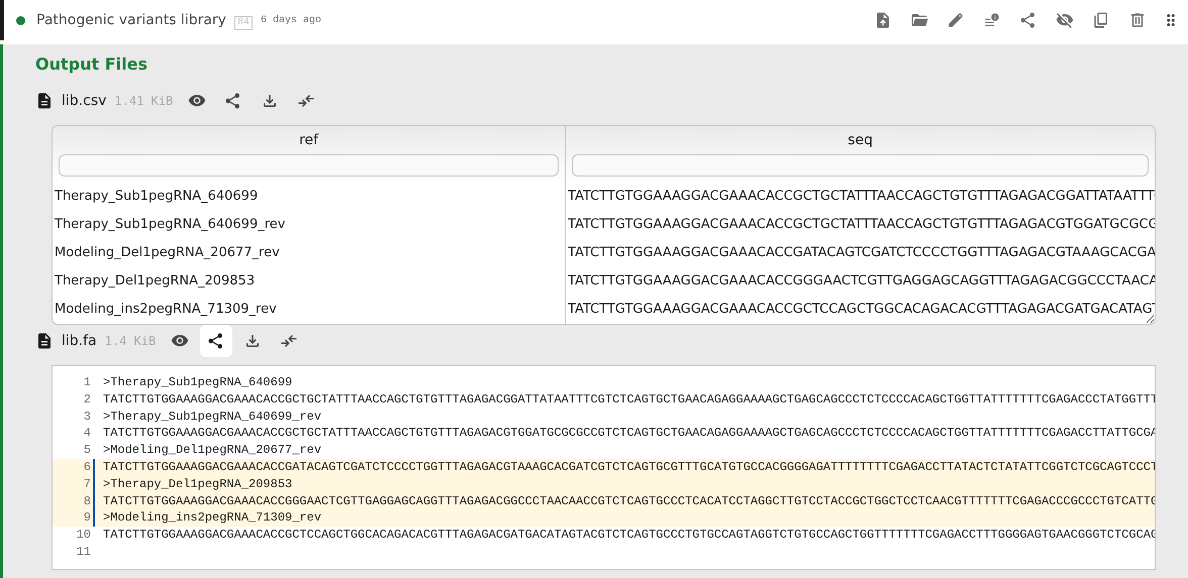 Output file preview with lines 6 through 9 selected and a Share lines action visible above the highlighted text.