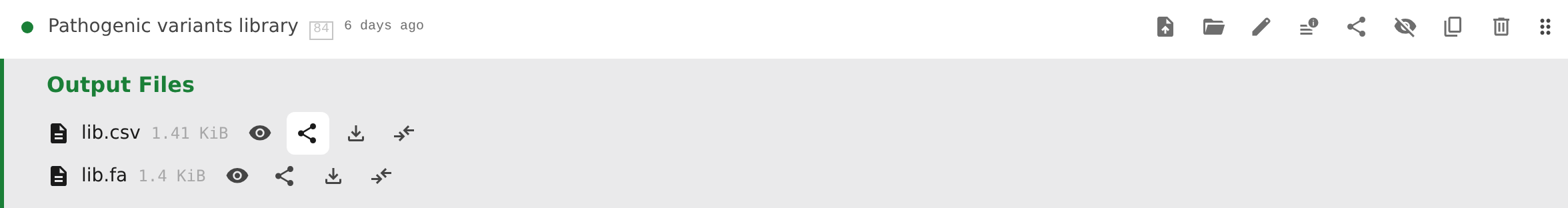 The share button hovered next to an output file, showing the file-level action used to create a deeplink.