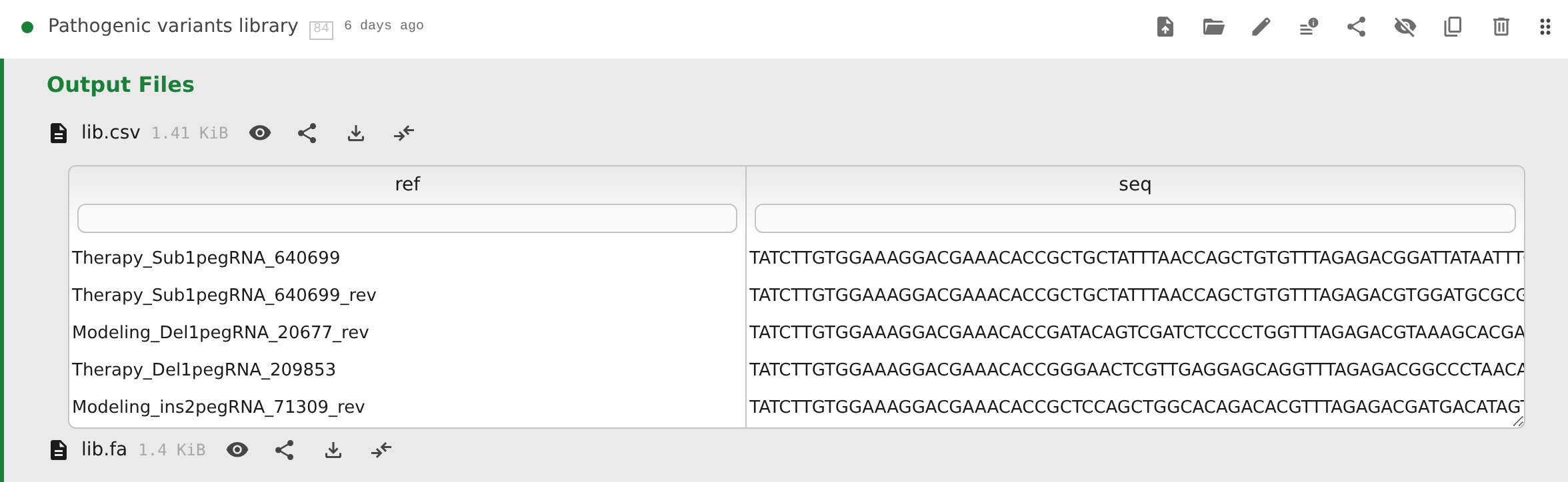 A samples.csv output rendered as a delimited grid inside a step's Output Files section, with column headers carrying filter inputs above multiple data rows.