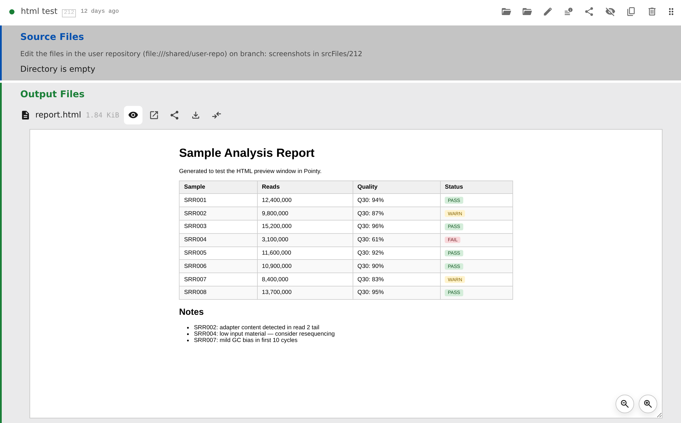 The output files browser open on a fastqc step, showing chim_R1_fastqc.html previewed inline with its FastQC Report content visible alongside the other output files.