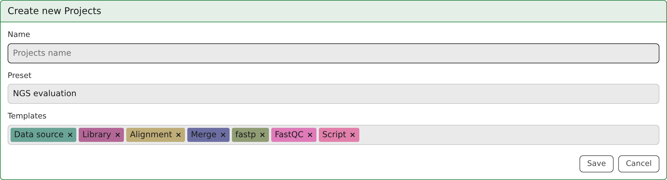 The new project form lets you name your project before saving.