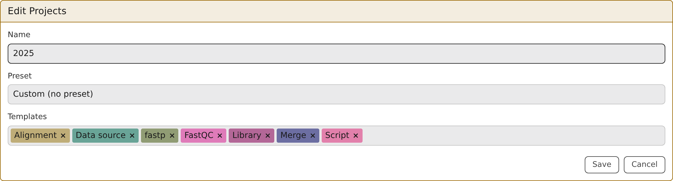 The project edit form with Preset and Templates controls, used for both creating a project and editing it from the project page header.