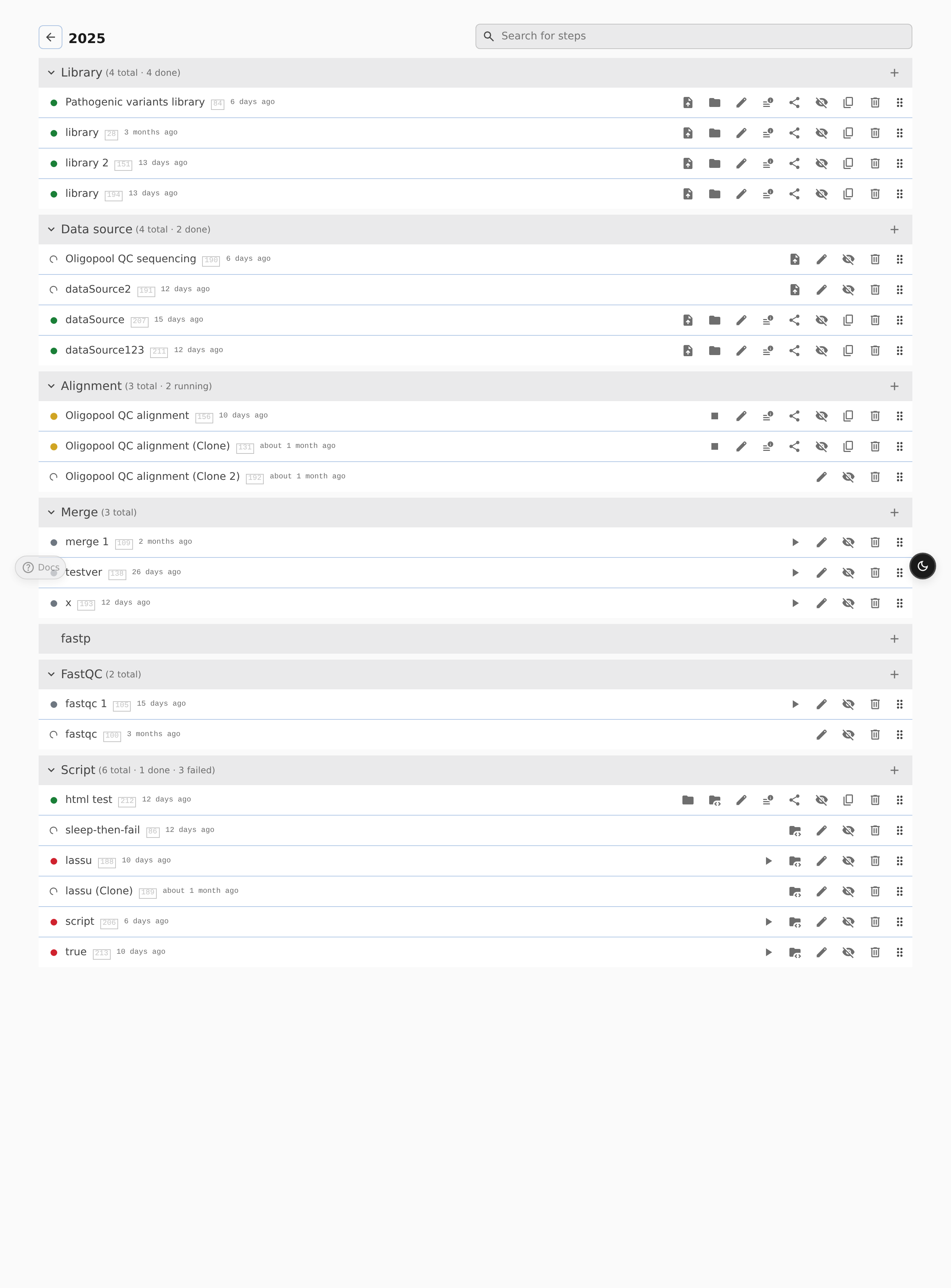 A project view showing steps grouped by type. Derivation steps have Run controls; file upload steps have upload controls.
