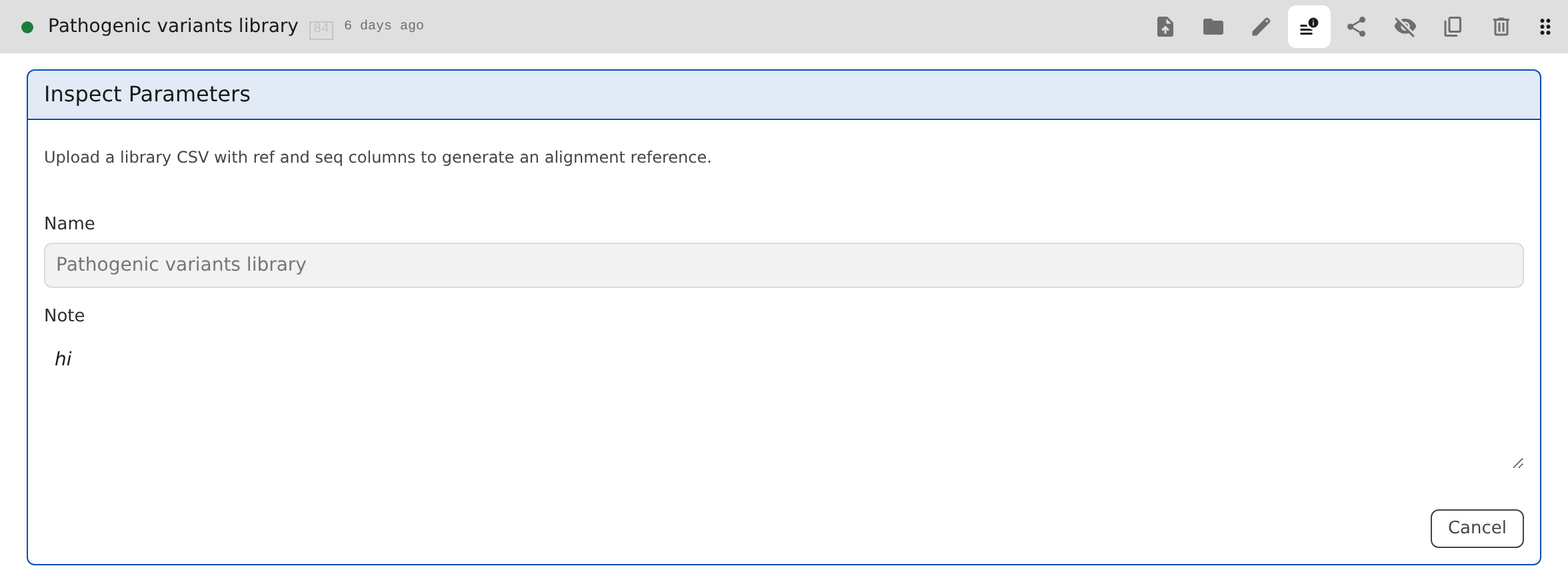 The Inspect Parameters form showing a step's configuration in read-only mode.