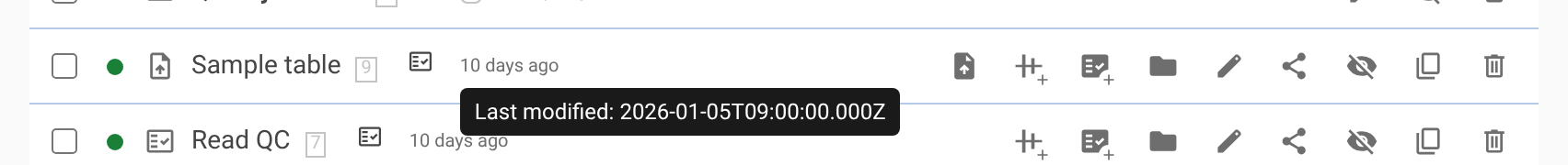 The last modified time on a step row, with the exact timestamp shown as a tooltip.