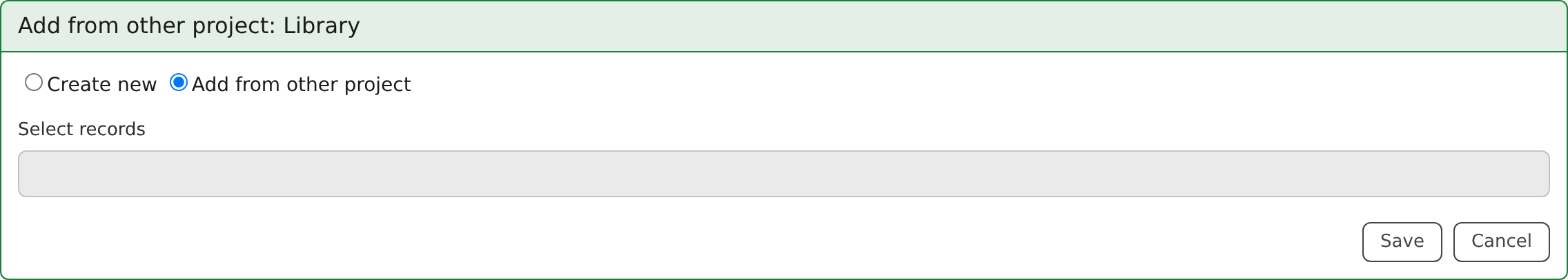 The add-step form switched to Add from other project, showing how an existing step can be linked into the current project.