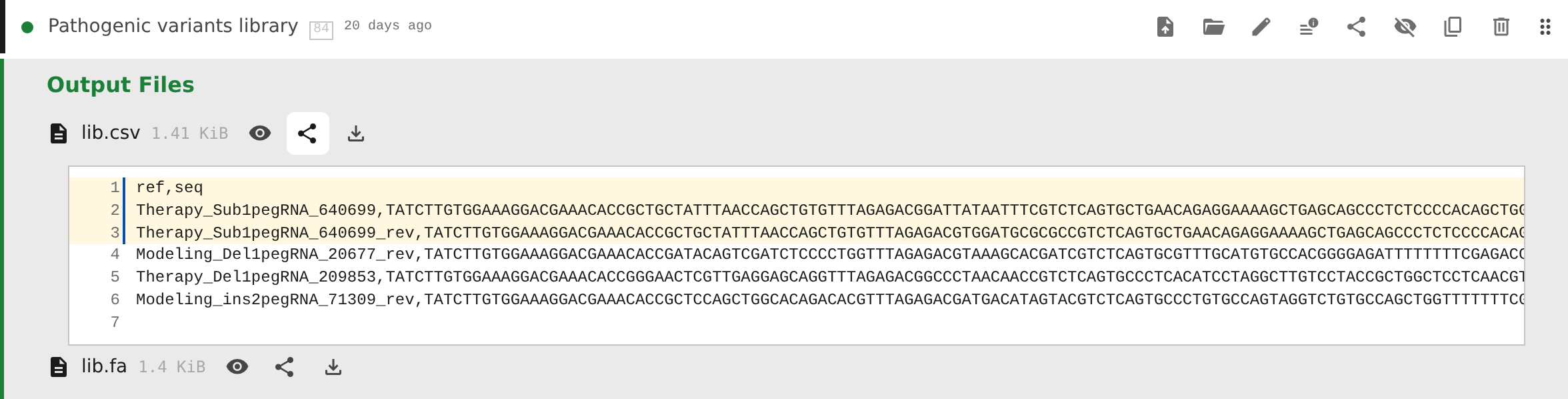 Output file preview with lines 6 through 9 selected and a Share lines action visible above the highlighted text