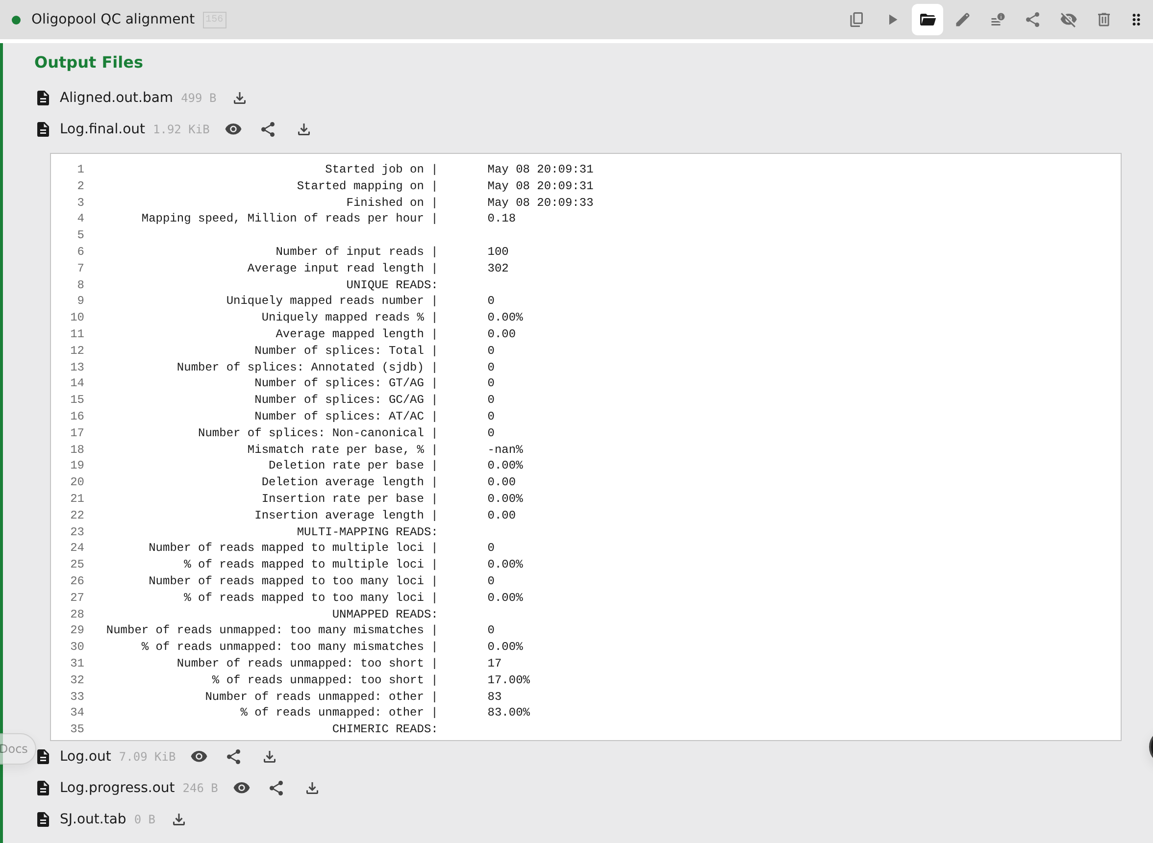 Output files browser showing an expanded folder with a previewed file