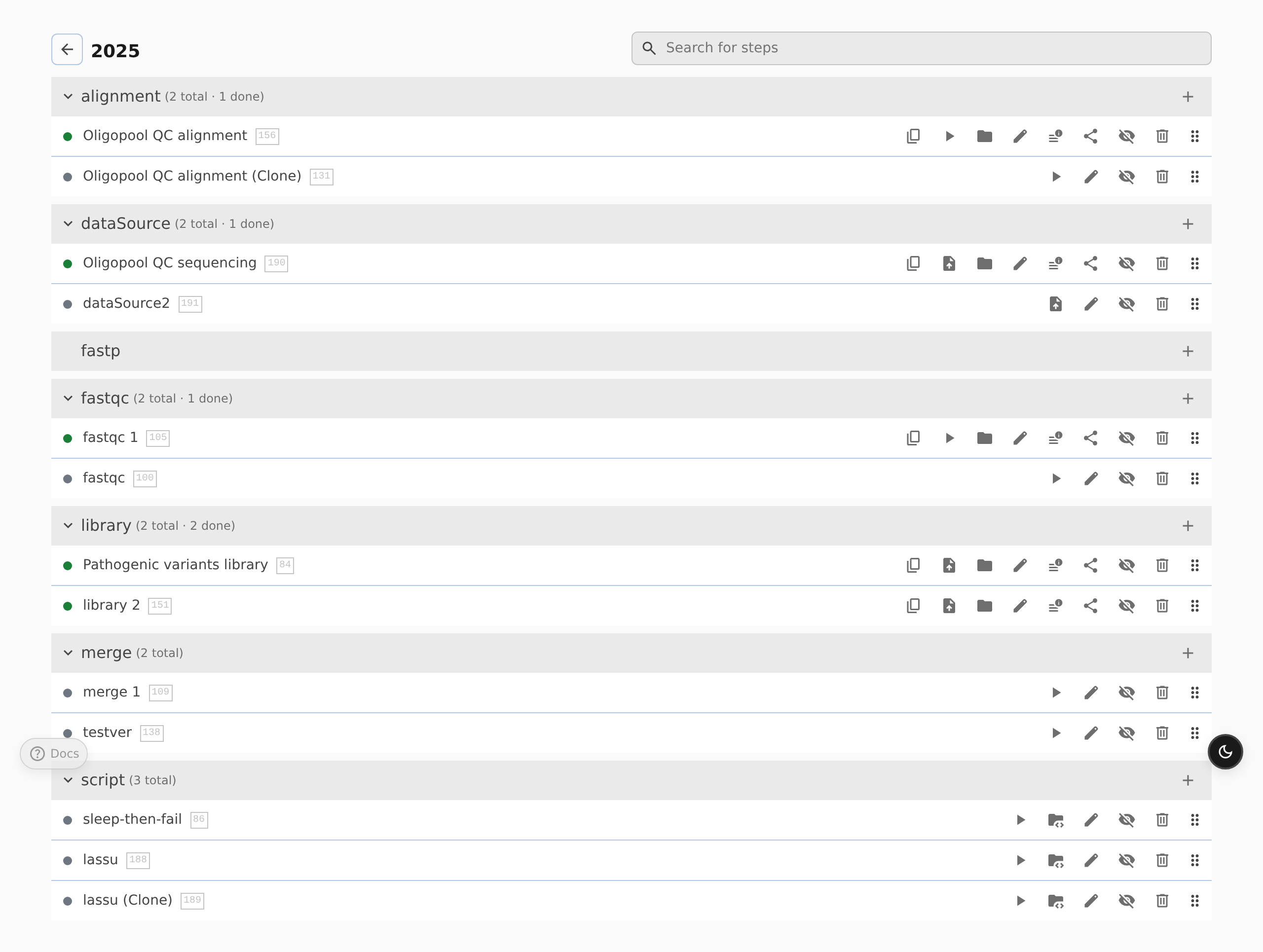 Pointy project view showing steps grouped by type with Run controls, status dots, and an open output files browser