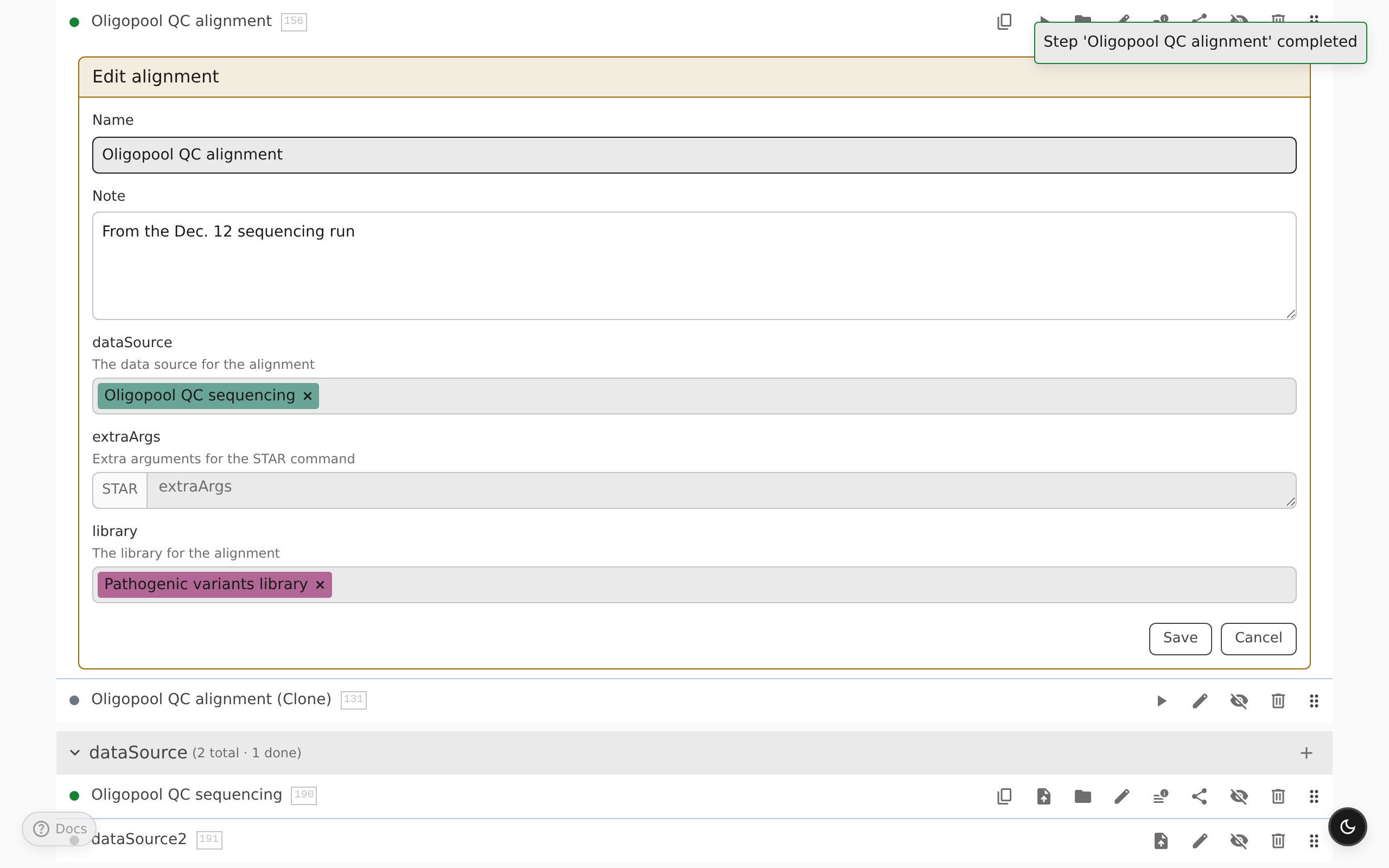 Step edit form with step-reference dropdowns and parameter fields